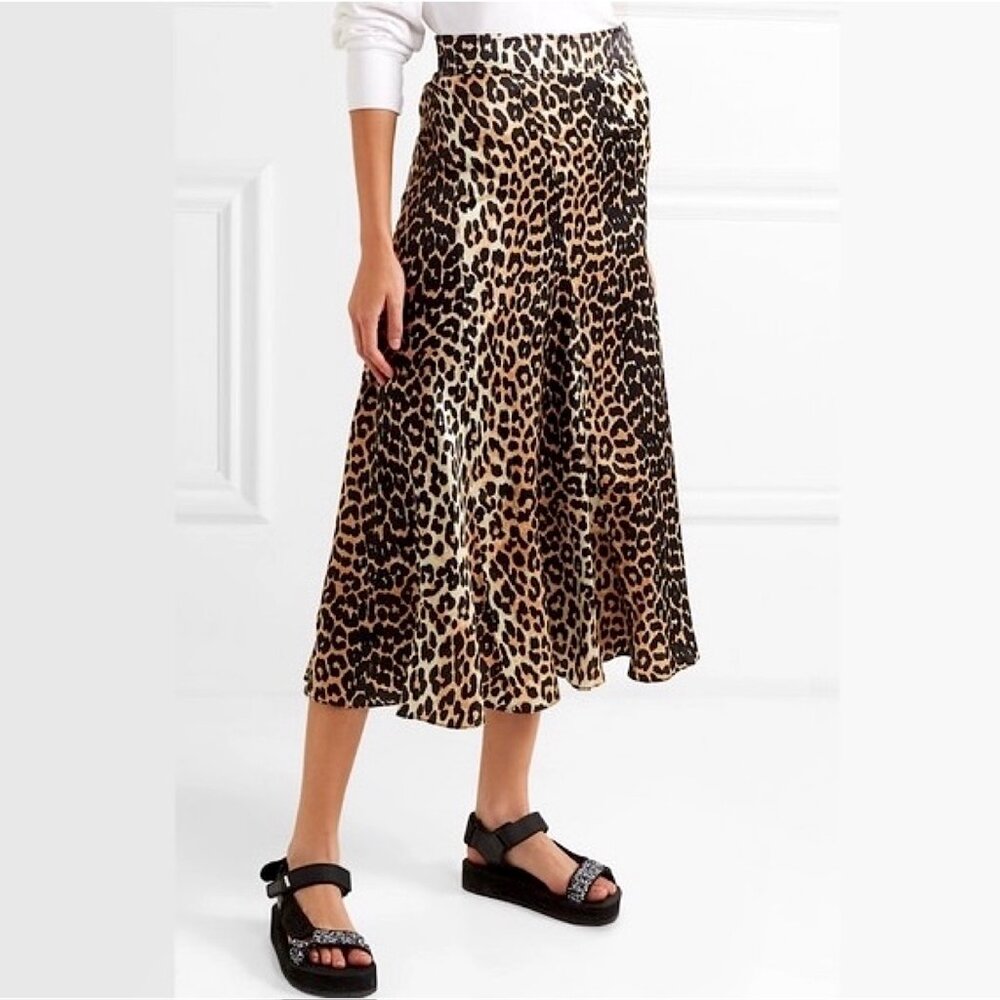 New Ganni Silk Leopard Print A-Line Midi Skirt Size 6